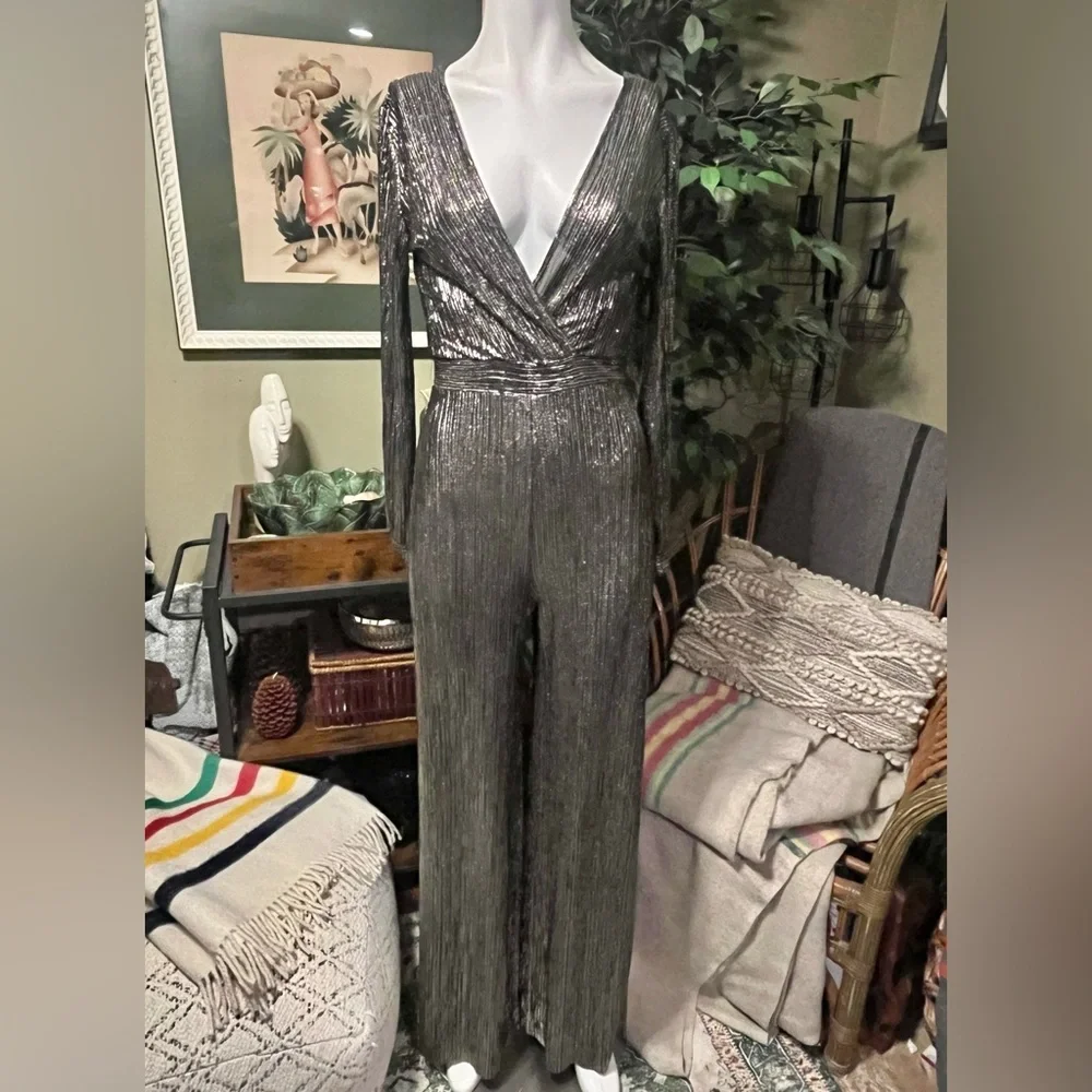 Anthropology Uptown Jumpsuit Elegant Silver Jumpsuit - Picture 8 of 9